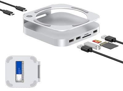 GEWOKLIY Base Mac mini M4, soporte y concentrador de aluminio para Mac mini M4 y M4 Pro 2024 con carcasa SSD M.2 NVMe, 2 USB-A de 10 Gbps, lectores de tarjetas SD/TF, datos USB 2.0 (MC60)
