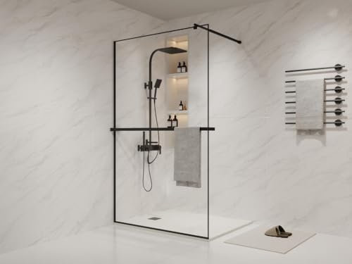 Vente-unique - Paroi de douche à l'italienne avec porte-serviette et étagére - 120 x 200 cm - Noir mat - BONPERO