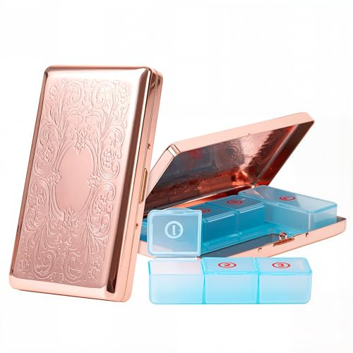 Tablettenbox 7 Tage,Pillendose 7-Tage-Spenderbox aus Metall mit 3 Fächern,Tabletten Organizer für Fischöl/Nahrungsergänzungsmittel (Rechteck-Rosa, Großes Rechteck)