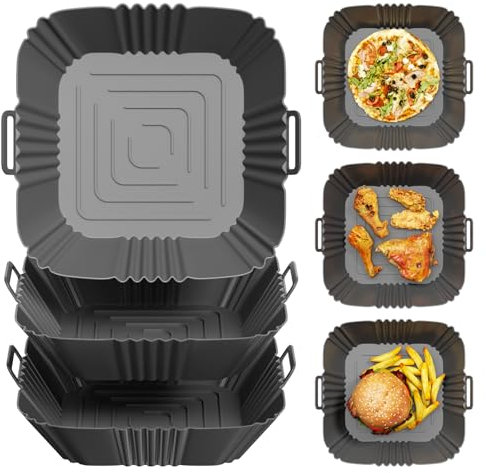 Riloventa 3 Molde Silicona Freidora de Aire, Reutilizable Olla de Silicona, Air Fryer Accessories, Antiadherentes Bandeja Airfryer, Rectangular Cesta Freidora para Hornear Pasteles, Microondas, Horno