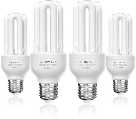 Lustaled Energy Saving Light Bulbs Screw in, 11W E27 Screw Bulb Daylight Cool White 6500K, ES CFL Energy Saver Low Energy Light Bulbs 3U Stick Lamp, 220-240V, Non-dimmable, 4-Pack
