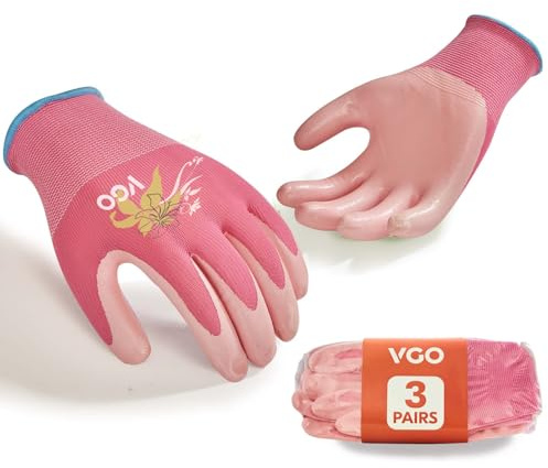 VGO 3 Paires Gants de Jardinage Femmes - Enduit de Nitrile Antidérapant, Lavable en Machine et Respirant pour l'Extérieur, le Bricolage, le Ranch, le Camping| Flexible Fit(NT2110-FM,Rose,M,3 paires)