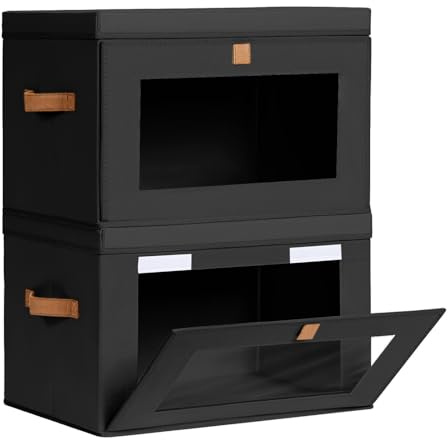 Homsorout Aufbewahrungsboxen mit Deckel - 2 Stück Aufbewahrungskorb Stoff Faltbare Aufbewahrungsbox mit Transparentem Sichtfenster, Faltbox für Kleidung, Würfelregal, Schwarz