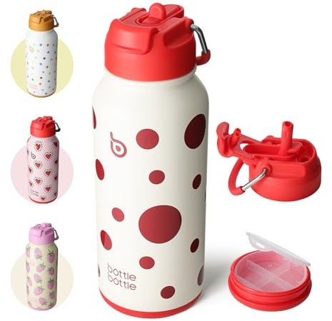 bottlebottle Insulated Water Bottle 950ml(32oz) Stainless Steel Sports Water Bottles with Straw Dual-use Lid Drink Flask Design for Gym with Pill Box (Polka Pop)