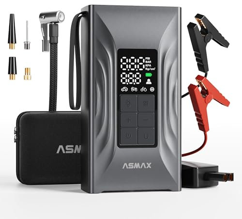 ASMAX Arrancador de Baterias de Coche 4000A, Compresor de Aire 150PSI, Arrancador de Coche 12V para 9L de Gasolina o 8L de Diésel, Booster con Pantalla LCD Grande, para Camión/Moto - T20