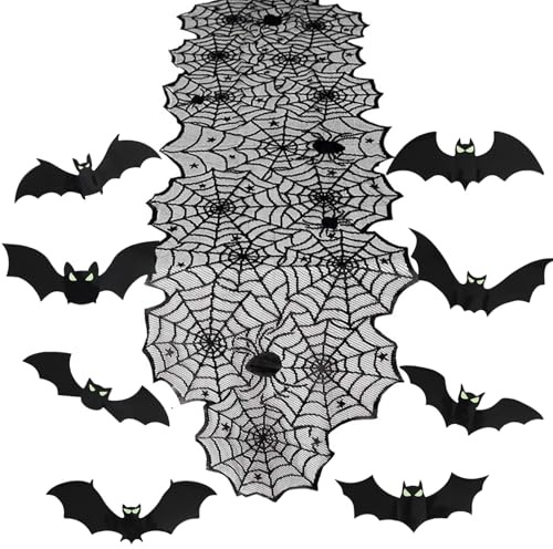 Halloween Tischdeko Set - Tischläufer Spinnennetze mit 24 Fledermaus Deko(Leuchtende Augen),Spinnweben Tischband mit Spitze Tisch Läufer Tischdeko Schwarz Gothic Party Dekoration(180×45cm)