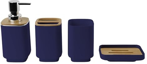 Hosoncovy Juego de 4 accesorios de baño con dispensador de loción, taza de gárgaras, jabonera, cepillo de dientes y soporte de pasta de dientes, juego de 4 recipientes de baño (azul oscuro)