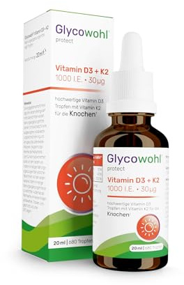 Glycowohl Vitamin D3 + K2 Tropfen – 1000 I.E. mit K2Vital & Vitamin E | Vitamin D3 für Knochen · Immunsystem & Muskeln · Vitamin K für Knochen & Blutgerinnung · K2Vital MK7 all-trans