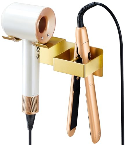 XILIMEN Hair Dryer Holder Wall Mounted, Hair Straightener Holder Metal, Adhesive Hair Dryer and Straighteners Holder, Hair Dryer Stand Curling Iron Holder for Dressing Bathroom Barber Shops (Gold)
