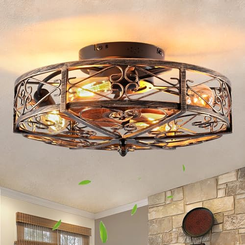Rybiote Caged Ceiling Fans with Lights,20 Flush Mount Fandelier Ceiling Fan with Lights and Remote,6 Wind Speeds Smart Low Profile Farmhouse Ceiling Fan for Bedroom,Kitchen,Living Room,Include 4 Bulb