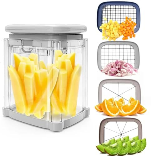 French Fry Cutter, Potato Wedge Cutter with 4 Blades 4 in 1 Manual Press Food Chopper with Container for Fruit Vegetable