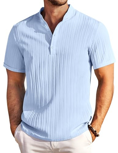 COOFANDY Camisa Henley de Verano para Hombre - Camisa Informal de Manga Corta con Cuello Alto Tejido con Textura para Playa y Verano Azul Claro L