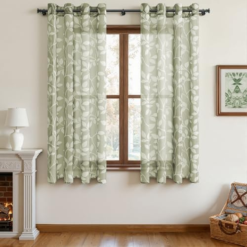 CUTEWIND Vorhänge mit Ösen Voile Graugrün Vorhänge 160 cm Lang 140 cm Breit Gardinen Kurz Modern 2er Set, Gardine Transparente Gardinen mit Weißen Blätterdrucken Muster für Fenster Küche