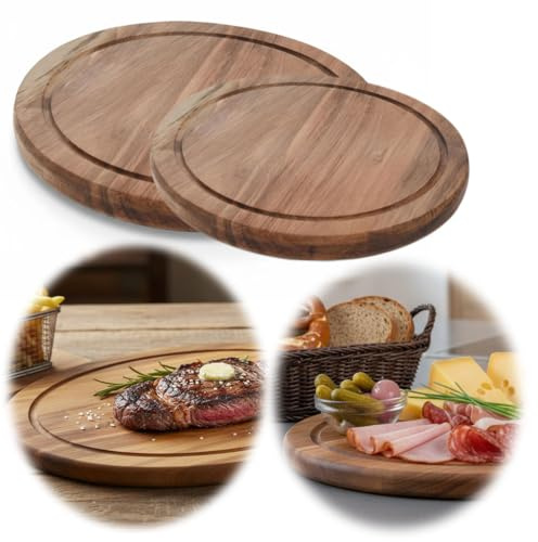 LS-LebenStil Holz Fleischteller - 30cm Rund FSC Akazie - Schneidebrett mit Saftrille - Brotzeitbrett Schneidebrett Servierteller Pizzateller Vesperbrett Käsebrett Steakbrett Pizzateller Holzbrett