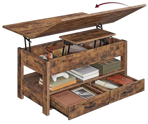 VASAGLE Soffbord, höjdjusterbart vardagsrumsbord, gascylinder, 2 lådor och 3 fack under bordsskivan, kaffebord, 1 öppet fack, för vardagsrum, hemmakontor, vintagebrunt LCT254K201