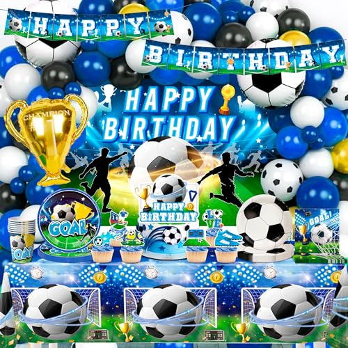 Soccer Party Decorations, 138pcs Soccer Birthday Party Decorations Set Includes Soccer Birthday Banner Cake Topper Plates Tablecloth etc Soccer Birthday Decorations Supplies