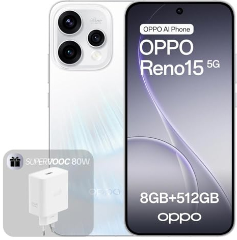 OPPO Reno15 5G Smartphone Sbloccato, 8+512GB, Ritratto Telefoto Vibe 3.5x, Display AMOLED 6.59 HDR10+, Batteria 6500mAh, Snapdragon 7 Gen 4, IP69, Aurora White (Include Caricatore 80W SUPERVOOC)