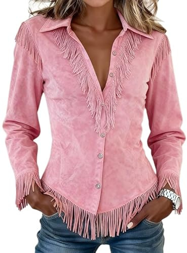 Camicie in pelle scamosciata da donna stile cowgirl occidentale, vintage, a maniche lunghe, con bottoni, vestibilità aderente, alla moda, rosa, S