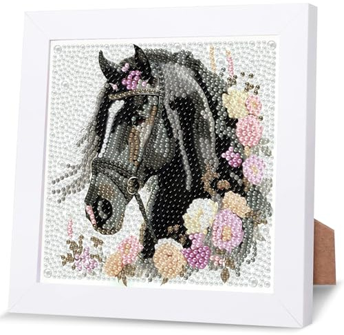 NAIMOER Schwarzes Pferd Diamond Painting für Kinder mit Rahmen, Diamant Painting Tiere Erwachsene ab 6-12 Jahre, 5D Diamont Art Bilder Mosaik, DIY Geschenk für Home Wand Décor (18X18cm)