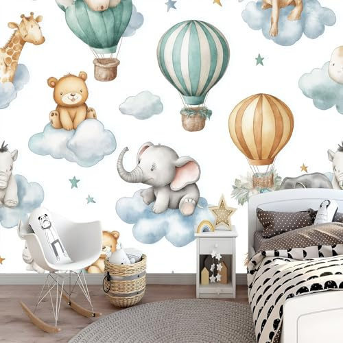 Fototapete Cartoon Elefant Bär Heißluftballon - Vlies Wandtapete Wohnzimmer Schlafzimmer Kinderzimmer für Babyzimmer Mädchen Jungen - Wanddeko Motivtapete Tapete 3D Effekt Weiß 350 x 256 cm (B x H)