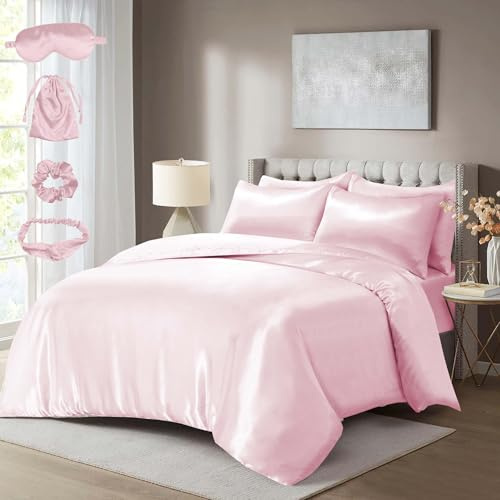 BOSKI LONDON Luxury 10 Piece Satin Silk Complete Bedding Set | Duvet Cover, Fitted Sheet, Pillowcases & Accessories | Silky Satin Bedding Set Single Double King Super King (BABY-PINK, DOUBLE)