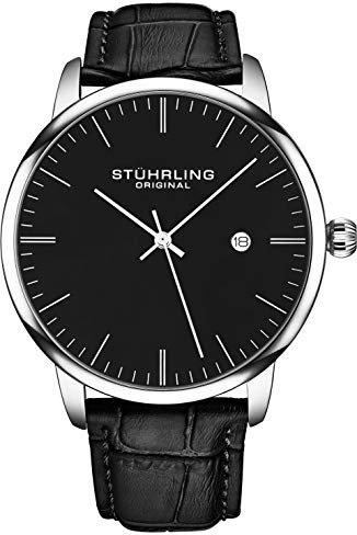 Stuhrling Original Herren-Armbanduhr, schwarzes Kalbslederarmband, Klassische Armbanduhr, minimalistisches analoges Zifferblatt mit Datum, Schwarze Herren-Armbanduhr