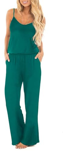 OUGES Women Sleeveless Jumpsuits Wide Leg Pants Summer Casual Playsuit with Pockets(Green,M)