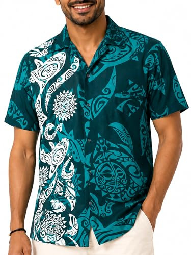 King Kameha Chemise Hawaienne Homme - Chemise Hawaïenne Homme Manches Courtes - Hinano - Chemisette Fleurie Leger – Maori, Petrol Green,