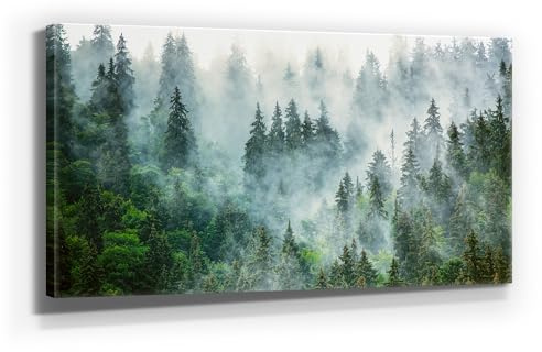 BilderKing Traumhaftes Leinwandbild Wald, Motiv Nebelstimmung. Es ist 120x60cm groß und ist fertig aufgespannt auf Holzrahmen. Ein XXL Wandbild als Hintergrund und Deko für Wohnzimmer & Schlafzimmer