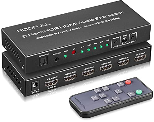 ROOFULL 5 Port 4K@60Hz HDMI Switch with Optical & 3.5mm AUX Audio Out, 5 in 1 Out HDMI 2.0 Switch Audio Extractor with Remote, Support ARC, HDR 10, HDCP 2.2, 18Gbps, Dolby Vision/Atmos, 3D, 1080P