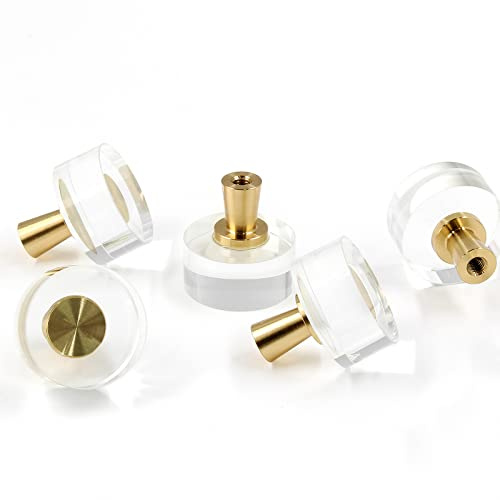 Jersvimc Runde Acryl-Knäufe für Küchenschränke, 6 Stück, goldfarben, Lucite und klares Glas, Kommodengriffe – Luxus-Möbelknöpfe aus massivem Messing