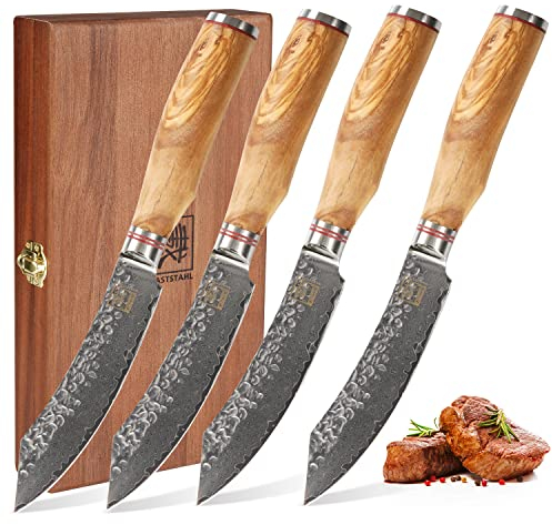 zayiko Minami Steakmesser-Set 4-teilig 12 cm | aus 67 Lagen Damaststahl mit VG10-Kern | mit ergonomischem Olivenholzgriff | für Steak & Fleisch am Tisch | in Holzbox für Hobby- & Profiköche