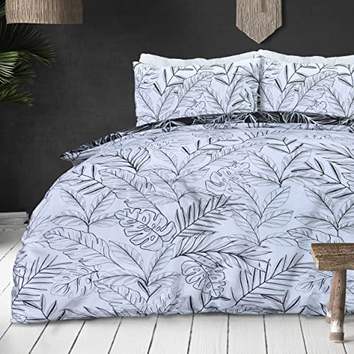 Sleepdown Tropical Palm Tree Floral Mono White Black Reversible Soft Easy Care Duvet Cover Quilt Bedding Set with Pillowcase - Single (135cm x 200cm)