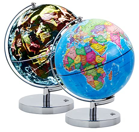 EXERZ 23 cm Illuminated Globe Metal Base – Spanish Map – Student Globe with Cable Free LED Lighting – Political Map (Time of Day) – Constellation Stars (Night) – Fun and