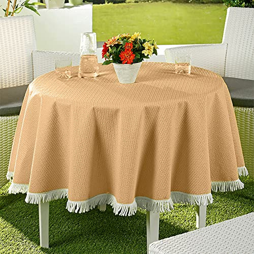 EMHELLE Trädgårdsduk trädgård balkong terrass bordsduk camping picknick rund oval kantig utomhus och inomhus halkfri yta med vita fransar (160 cm rund, beige)