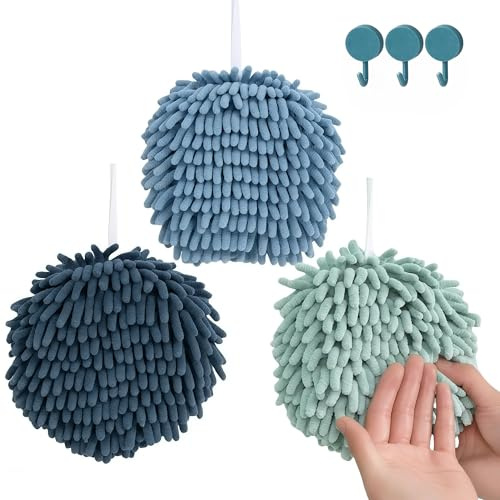 Nulubuu Soft Absorbent Chenille Ball Towel Sets, Quick Dry Hand, Towels for Bathroom/Kitchen Pack of 3 (Mint Green+Light Blue+Blue)