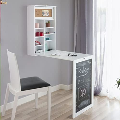 BricoLoco.com Escritorio Plegable Pared. Mesa Estudio o Auxiliar Plegable Cocina o Comedor. Sistema elevable Escritorio Colgante. De Madera con estantería Organizador, Pizarra y Tablero Corcho.