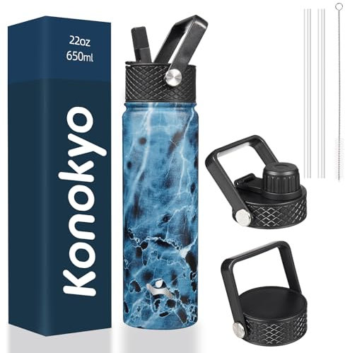 Konokyo Insulated Water Bottle with Straw,22oz 3 Lids Metal Bottles Stainless Steel Water Flask,Marble Ocean