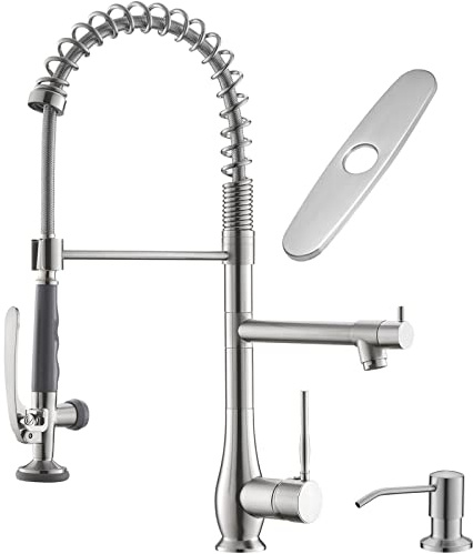 GIMILI Commercial Kitchen Faucet with Pull Down Sprayer, Double Headed Single Handle High Pressure Kitchen Faucet with Soap Dispenser Brushed Nickel