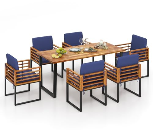 Tangkula 7 Piece Patio Dining Set, Acacia Wood Dining Chair & Table Set, 69” Spacious Tabletop with Umbrella Hole, Heavy-Duty Metal Support, Dining Set for Backyard, Poolside