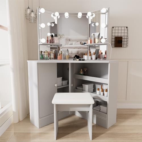 Msutree Coiffeuse d'angle avec miroir éclairé - Table de maquillage grand espace rangement et HD 3 modes d'éclairage, luminosité réglable Élégante blanche.