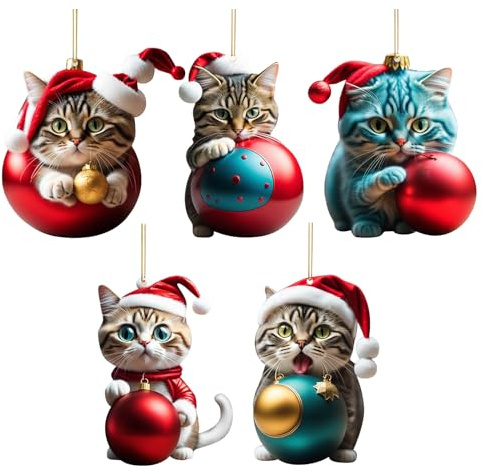Vordpe 5 Stück Weihnachtsbaum Katzen Anhänger, Acryl Cartoon Katze Dekorative Ornamente, 2D Spaß Weihnachtsanhänger Deko Christbaumschmuck Weihnachtsschmuck Geschenk(B)