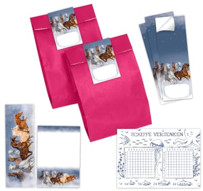 Minkocards 6 Schiffe versenken + 6 Lesezeichen + 6 Blöcke + 6 Geschenktüten (pink) + 6 Aufkleber Pferde Mitgebselset Gastgeschenke für Kindergeburtstag Mädchengeburtstag