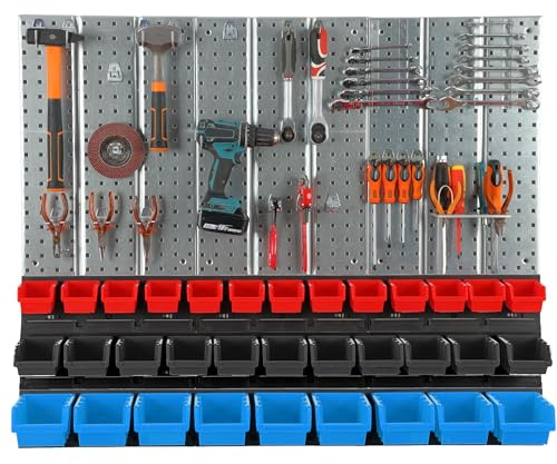 Parete degli attrezzi in metallo, 116 x 99 cm, sistema di stoccaggio con portautensili, 33 scatole, gancio per attrezzi, per officina, garage, utensili elettrici, parete forata, mensola da parete
