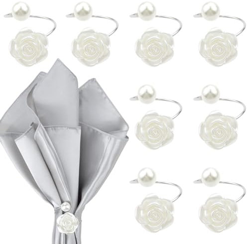 8 PCS Rose Pearl Napkin Rings Set,Flower and Pearl Napkin Buckle,Napkin Rings Holder, for Wedding Party Family Gathering Table Decorations