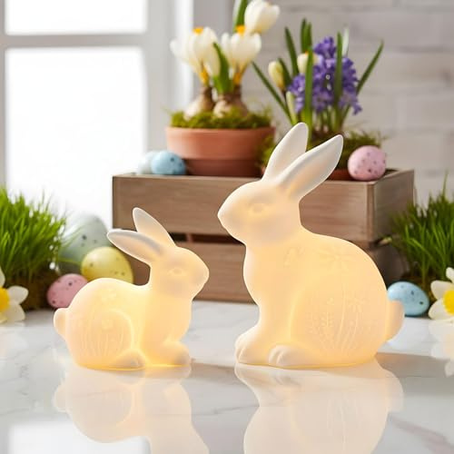 levandeo 2er Set LED Hasen Porzellan Weiß Blumenwiese Tischdeko Dekoleuchte Osterhase Deko Ostern Frühling