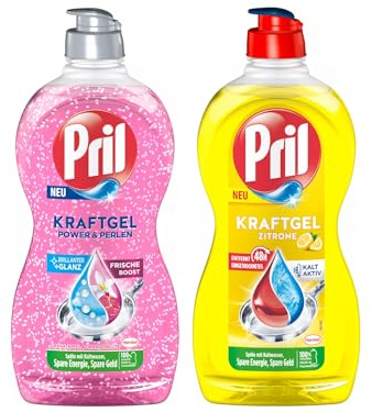 PRIL Kraftgel-Set 1x Power & Perlen Granatapfel & Orangenblüte & 1x Zitrone, Handgeschirrspülmittel-Set mit hoher Fettlösekraft, für sauberes Geschirr, 2x 450ml