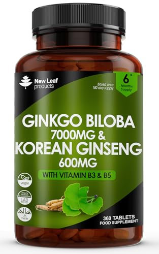 Ginkgo Biloba and Korean Ginseng Tablets - 7000mg Ginkgo Biloba Herbal Supplements & 600mg Panax Ginseng High Strength Ginseng Extract - Enriched with Vitamin B3 & B5-360 Vegan Tablets