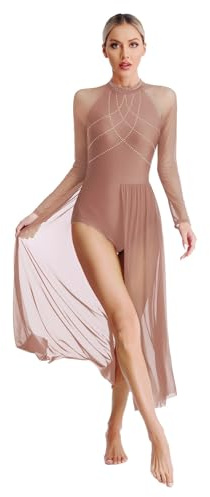 Oyolan Femme Robe Danse Contemporaine Lyrique Manches Longues Strass Justaucorps Ballet Danse Classique Robe Danseuse Costume Spectacle S-XXL A Rose poussiéreux S
