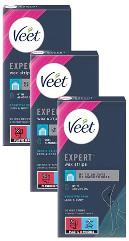 Veet Expert Cold Wax Strips, Hair Removal, Legs & Body, Sensitive Skin, 20 Strips each, 2 Finish Wipes (Pack of 3)
